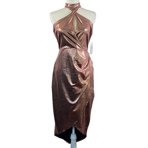 E Venus Pink Metallic Halter Midi Dress Women Size S Side Ruched Wrap Skirt Cute - Picture 1 of 12